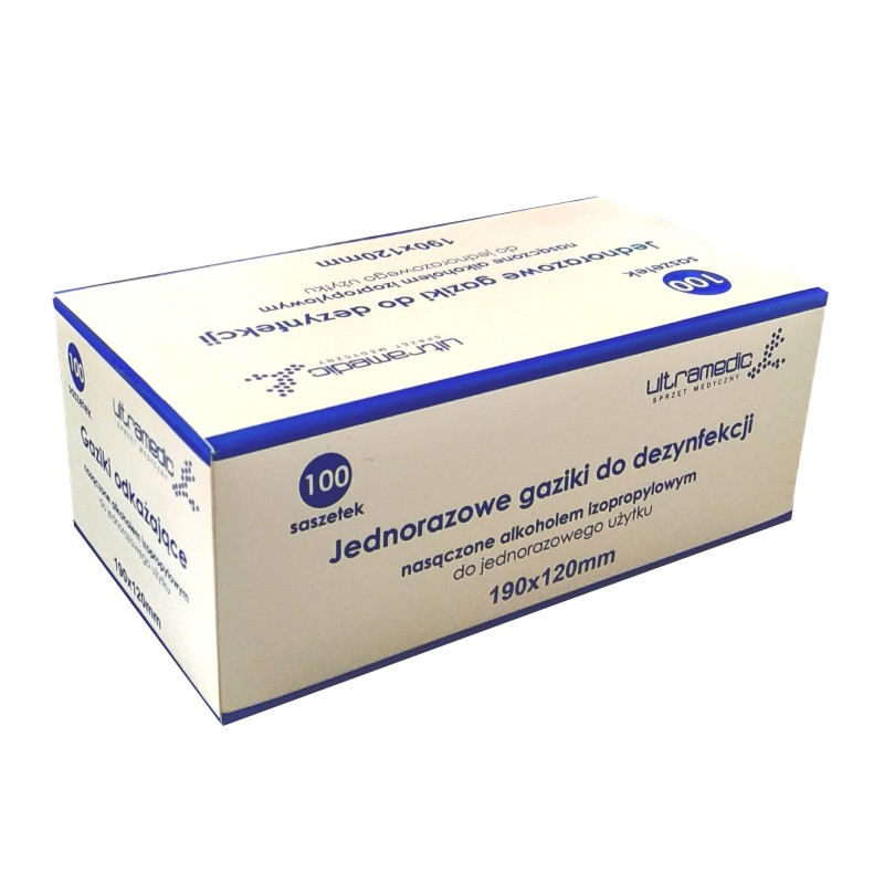 JEDNORAZOWE GAZIKI DO DEZYNFEKCJI, ALKOHOL 70%, 190X120MM, OPAK.100SZT